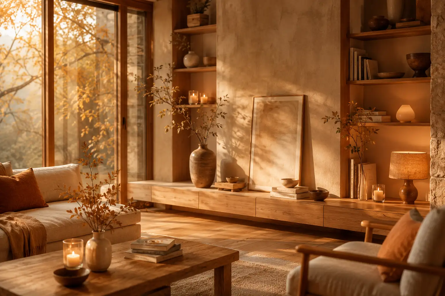 Salon chaleureux et lumineux aux matières naturelles
